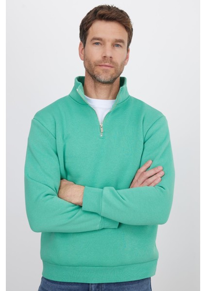 Unisex Relax Fit Rahat Kesim Pamuklu Içi Polarlı Yarım Fermuarlı Yeşil Dik Yaka Sweatshirt fırsatları