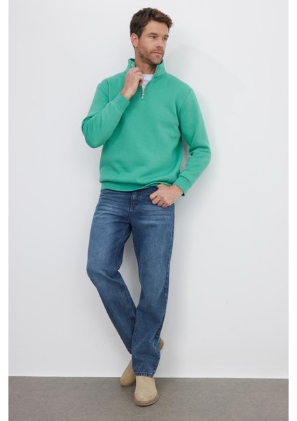 Unisex Relax Fit Rahat Kesim Pamuklu Içi Polarlı Yarım Fermuarlı Yeşil Dik Yaka Sweatshirt indirimleri