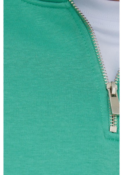 Unisex Relax Fit Rahat Kesim Pamuklu Içi Polarlı Yarım Fermuarlı Yeşil Dik Yaka Sweatshirt