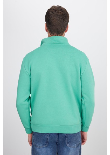 Unisex Relax Fit Rahat Kesim Pamuklu Içi Polarlı Yarım Fermuarlı Yeşil Dik Yaka Sweatshirt