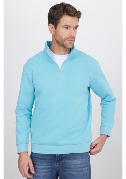 Unisex Relax Fit Rahat Kesim Pamuklu Içi Polarlı Yarım Fermuarlı Açık Mavi Dik Yaka Sweatshirt