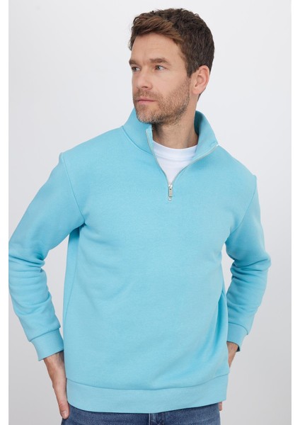 Unisex Relax Fit Rahat Kesim Pamuklu Içi Polarlı Yarım Fermuarlı Açık Mavi Dik Yaka Sweatshirt fiyatları