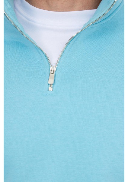 Unisex Relax Fit Rahat Kesim Pamuklu Içi Polarlı Yarım Fermuarlı Açık Mavi Dik Yaka Sweatshirt modelleri