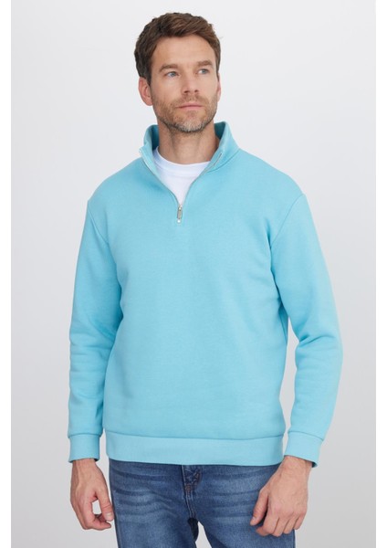 Unisex Relax Fit Rahat Kesim Pamuklu Içi Polarlı Yarım Fermuarlı Açık Mavi Dik Yaka Sweatshirt fırsatları