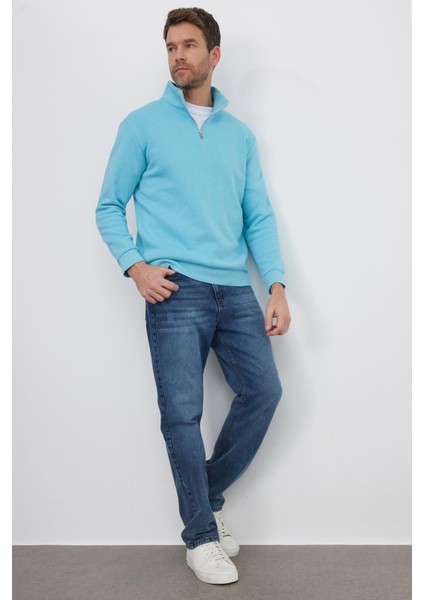 Unisex Relax Fit Rahat Kesim Pamuklu Içi Polarlı Yarım Fermuarlı Açık Mavi Dik Yaka Sweatshirt indirimleri