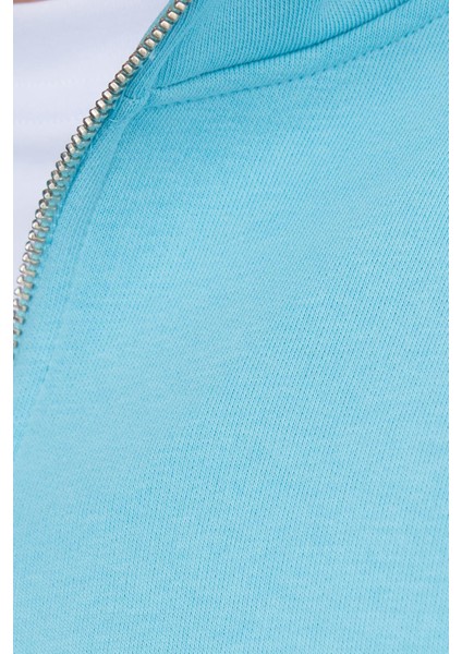 Unisex Relax Fit Rahat Kesim Pamuklu Içi Polarlı Yarım Fermuarlı Açık Mavi Dik Yaka Sweatshirt