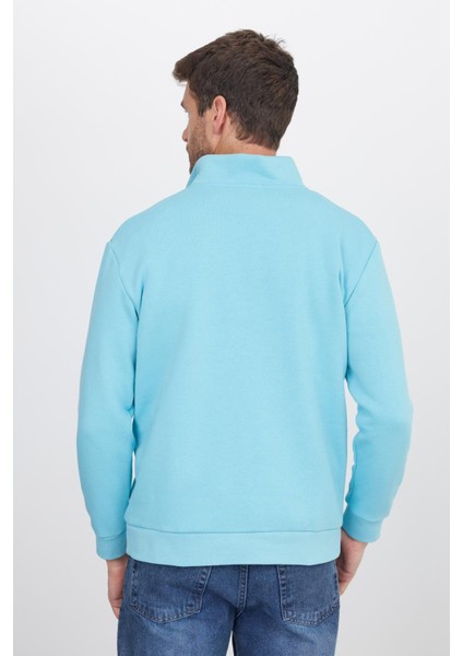 Unisex Relax Fit Rahat Kesim Pamuklu Içi Polarlı Yarım Fermuarlı Açık Mavi Dik Yaka Sweatshirt