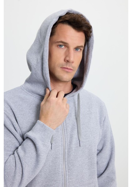 Unisex Relax Fit Rahat Kesim Pamuklu Içi Polarlı Çift Cepli Tam Fermuarlı Gri Kapüşonlu Sweatshirt fiyatları