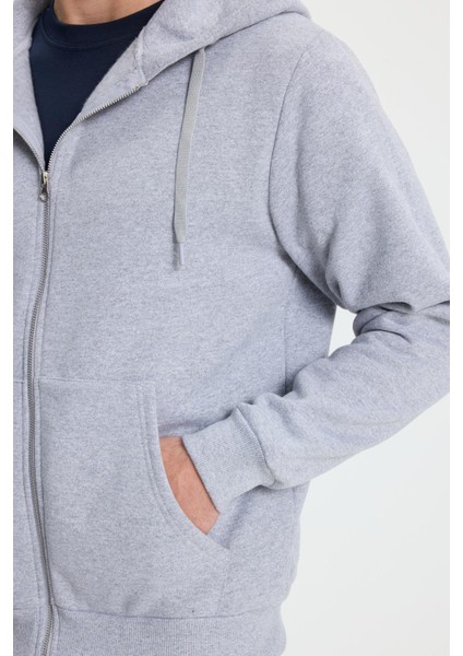 Unisex Relax Fit Rahat Kesim Pamuklu Içi Polarlı Çift Cepli Tam Fermuarlı Gri Kapüşonlu Sweatshirt modelleri