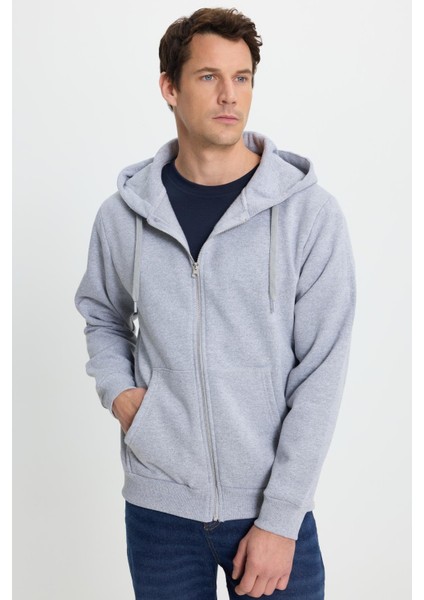 Unisex Relax Fit Rahat Kesim Pamuklu Içi Polarlı Çift Cepli Tam Fermuarlı Gri Kapüşonlu Sweatshirt
