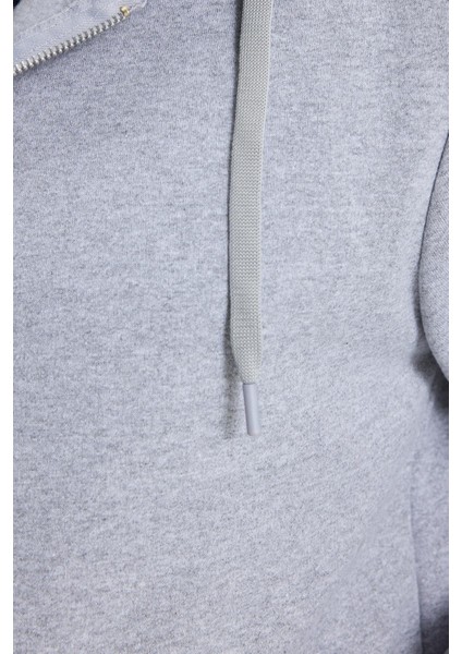 Unisex Relax Fit Rahat Kesim Pamuklu Içi Polarlı Çift Cepli Tam Fermuarlı Gri Kapüşonlu Sweatshirt