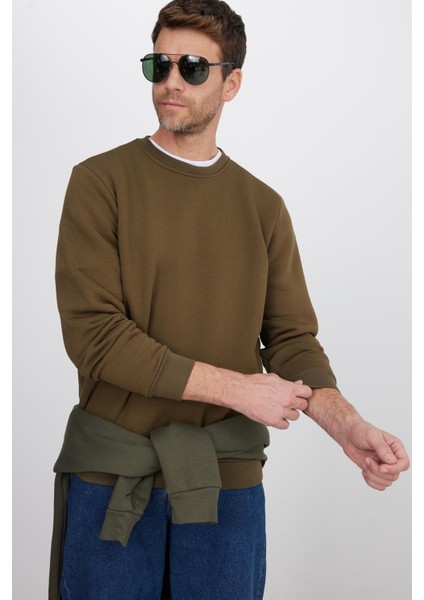 Unisex Relax Fit Rahat Kesim Pamuklu Yumuşak Dokulu Içi Polarlı Yeşil Bisiklet Yaka Sweatshirt