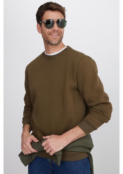 Unisex Relax Fit Rahat Kesim Pamuklu Yumuşak Dokulu Içi Polarlı Yeşil Bisiklet Yaka Sweatshirt fırsatları