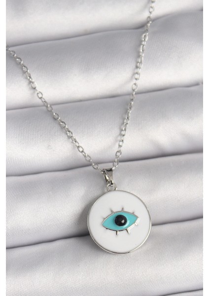 Bfs 316L Çelik Gümüş Renk Zincir Beyaz Mineli Turkuaz Göz Işleme Model Kadın Kolye