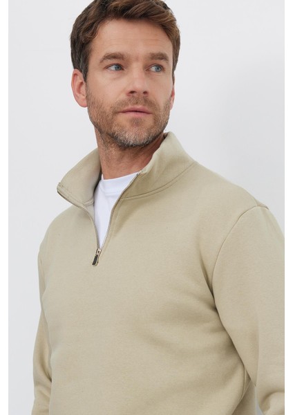 Unisex Relax Fit Rahat Kesim Pamuklu Içi Polarlı Yarım Fermuarlı Bej Dik Yaka Sweatshirt fiyatları