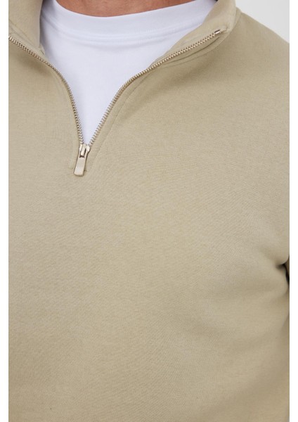 Unisex Relax Fit Rahat Kesim Pamuklu Içi Polarlı Yarım Fermuarlı Bej Dik Yaka Sweatshirt modelleri