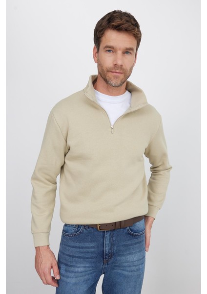 Unisex Relax Fit Rahat Kesim Pamuklu Içi Polarlı Yarım Fermuarlı Bej Dik Yaka Sweatshirt fırsatları