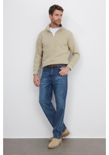 Unisex Relax Fit Rahat Kesim Pamuklu Içi Polarlı Yarım Fermuarlı Bej Dik Yaka Sweatshirt indirimleri