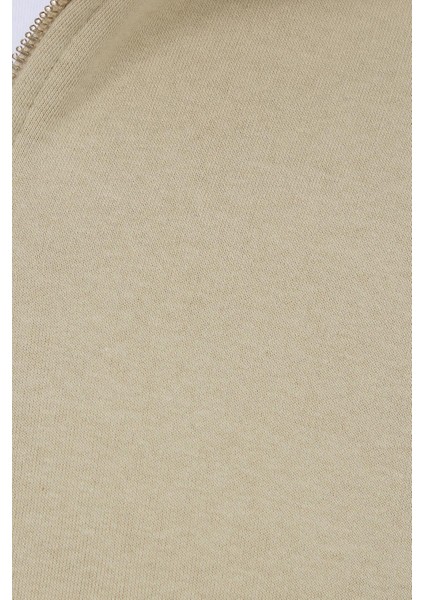 Unisex Relax Fit Rahat Kesim Pamuklu Içi Polarlı Yarım Fermuarlı Bej Dik Yaka Sweatshirt