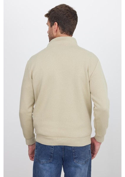 Unisex Relax Fit Rahat Kesim Pamuklu Içi Polarlı Yarım Fermuarlı Bej Dik Yaka Sweatshirt