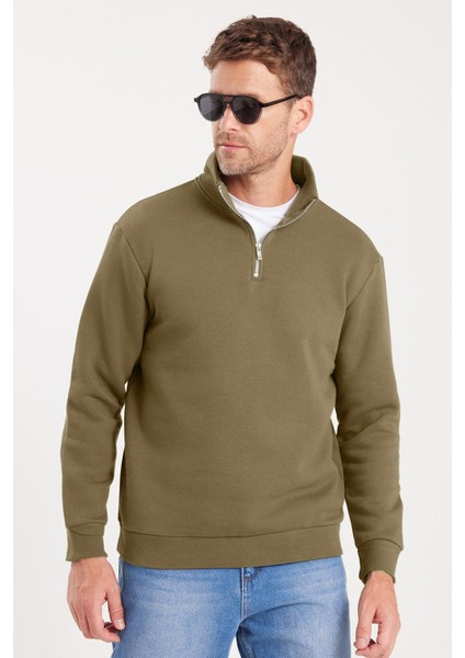 Unisex Relax Fit Rahat Kesim Pamuklu Içi Polarlı Yarım Fermuarlı Haki Dik Yaka Sweatshirt