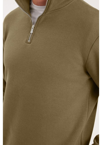 Unisex Relax Fit Rahat Kesim Pamuklu Içi Polarlı Yarım Fermuarlı Haki Dik Yaka Sweatshirt modelleri