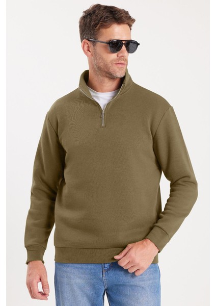 Unisex Relax Fit Rahat Kesim Pamuklu Içi Polarlı Yarım Fermuarlı Haki Dik Yaka Sweatshirt fırsatları