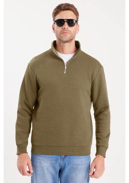 Unisex Relax Fit Rahat Kesim Pamuklu Içi Polarlı Yarım Fermuarlı Haki Dik Yaka Sweatshirt indirimleri