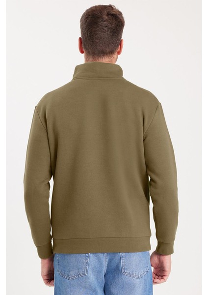 Unisex Relax Fit Rahat Kesim Pamuklu Içi Polarlı Yarım Fermuarlı Haki Dik Yaka Sweatshirt