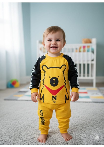 Erkek Bebek Sarı ve Mavi Ayıcık Baskılı 2 Li Takım