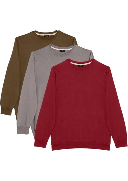 Unisex 3'lü Paket Bordo-Gri-Yeşil Relax Fit Pamuklu Içi Polarlı Bisiklet Yaka Sweatshirt