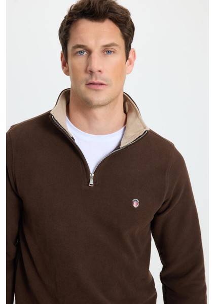 Erkek Slim Fit Dar Kesim Pamuklu Selanik Kumaş Dik Yaka Kahverengi Sweatshirt fiyatları