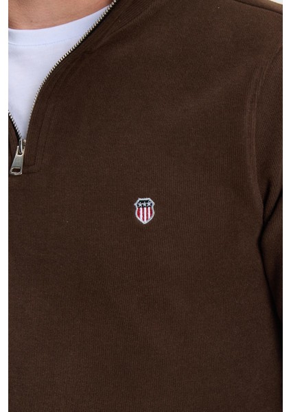 Erkek Slim Fit Dar Kesim Pamuklu Selanik Kumaş Dik Yaka Kahverengi Sweatshirt modelleri