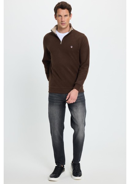 Erkek Slim Fit Dar Kesim Pamuklu Selanik Kumaş Dik Yaka Kahverengi Sweatshirt fırsatları