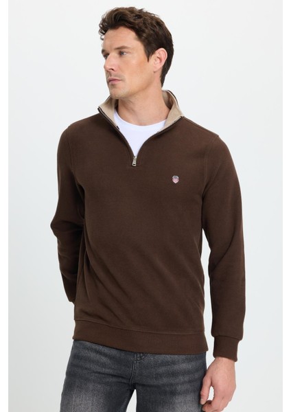 Erkek Slim Fit Dar Kesim Pamuklu Selanik Kumaş Dik Yaka Kahverengi Sweatshirt indirimleri