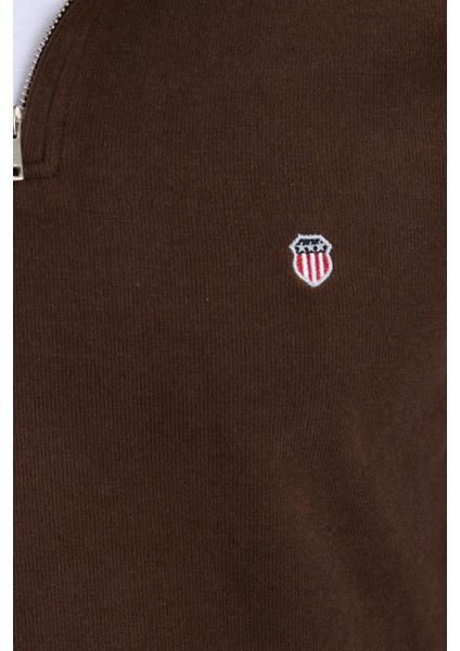 Erkek Slim Fit Dar Kesim Pamuklu Selanik Kumaş Dik Yaka Kahverengi Sweatshirt