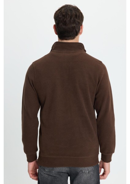 Erkek Slim Fit Dar Kesim Pamuklu Selanik Kumaş Dik Yaka Kahverengi Sweatshirt
