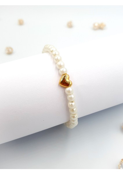💛 Altın Kalp Detaylı Inci Kadın Bileklik
