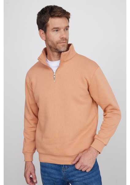 Unisex Relax Fit Rahat Kesim Pamuklu Içi Polarlı Yarım Fermuarlı Yavruağzı Dik Yaka Sweatshirt