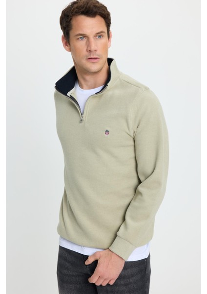 Erkek Slim Fit Dar Kesim Pamuklu Selanik Kumaş Dik Yaka Mint Sweatshirt