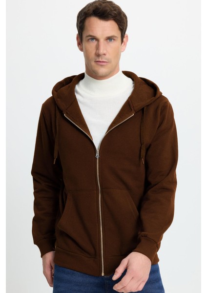 Unisex Relax Fit Rahat Kesim Pamuklu Içi Polarlı Çift Cepli Tam Fermuarlı Kahverengi Kapüşonlu Sweatshirt