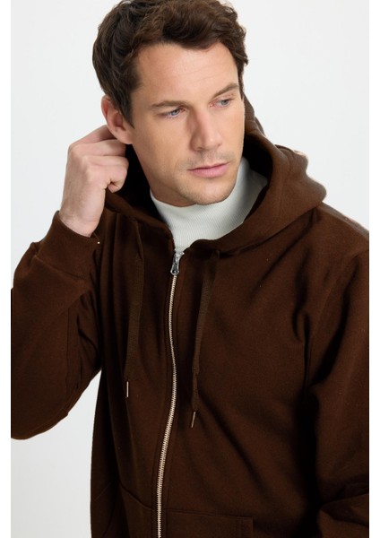Unisex Relax Fit Rahat Kesim Pamuklu Içi Polarlı Çift Cepli Tam Fermuarlı Kahverengi Kapüşonlu Sweatshirt fiyatları