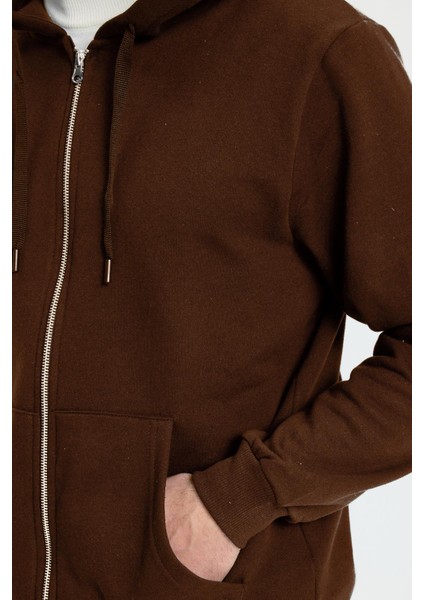Unisex Relax Fit Rahat Kesim Pamuklu Içi Polarlı Çift Cepli Tam Fermuarlı Kahverengi Kapüşonlu Sweatshirt modelleri