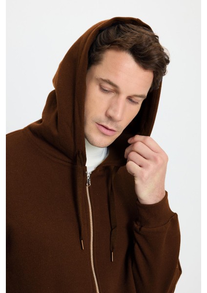 Unisex Relax Fit Rahat Kesim Pamuklu Içi Polarlı Çift Cepli Tam Fermuarlı Kahverengi Kapüşonlu Sweatshirt fırsatları