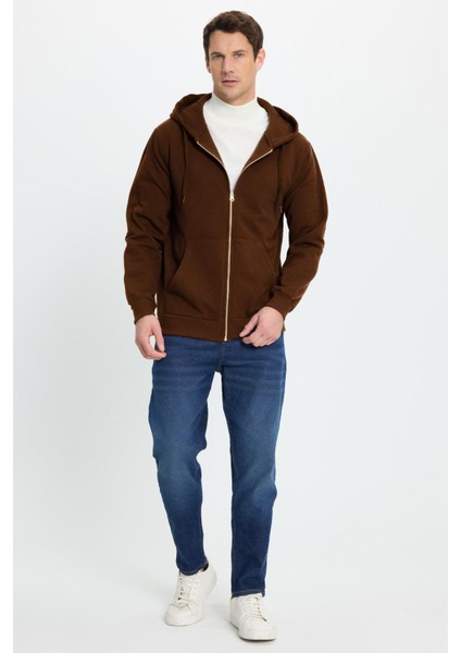 Unisex Relax Fit Rahat Kesim Pamuklu Içi Polarlı Çift Cepli Tam Fermuarlı Kahverengi Kapüşonlu Sweatshirt indirimleri