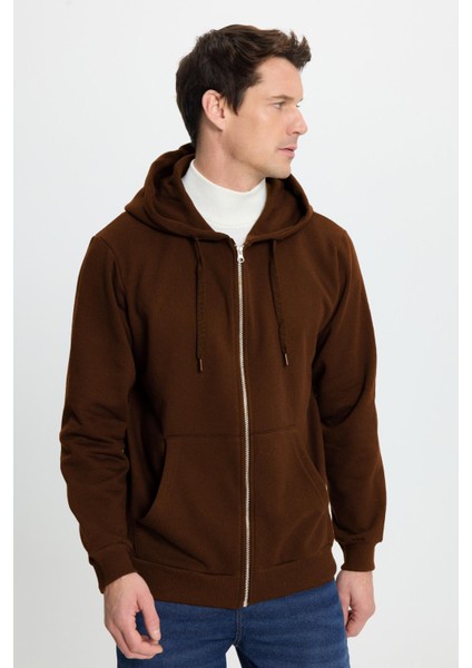 Unisex Relax Fit Rahat Kesim Pamuklu Içi Polarlı Çift Cepli Tam Fermuarlı Kahverengi Kapüşonlu Sweatshirt
