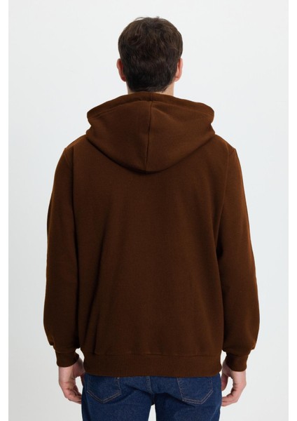 Unisex Relax Fit Rahat Kesim Pamuklu Içi Polarlı Çift Cepli Tam Fermuarlı Kahverengi Kapüşonlu Sweatshirt