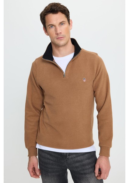 Erkek Slim Fit Dar Kesim Pamuklu Selanik Kumaş Dik Yaka Kiremit Sweatshirt fırsatları