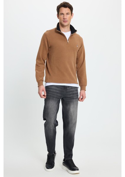 Erkek Slim Fit Dar Kesim Pamuklu Selanik Kumaş Dik Yaka Kiremit Sweatshirt indirimleri