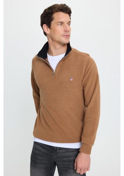 Erkek Slim Fit Dar Kesim Pamuklu Selanik Kumaş Dik Yaka Kiremit Sweatshirt